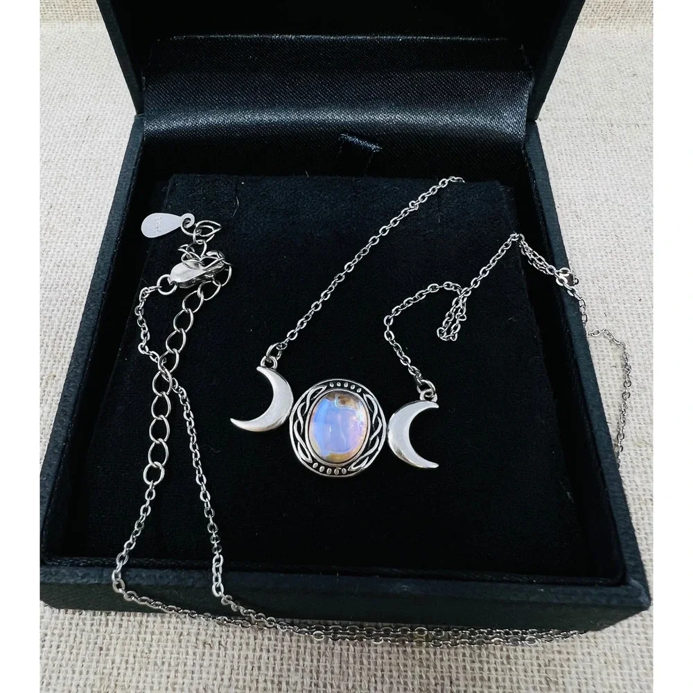 Sterling Silver Triple Moon Goddess Necklace Moonstone Celestial Wiccan Jewelry